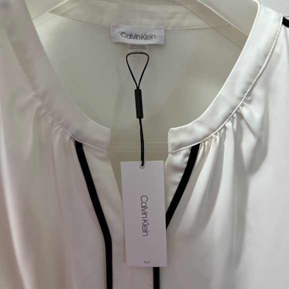 Calvin Klein Basic Career White Black Trim Sleeveless Blouse L - Picture 7 of 13